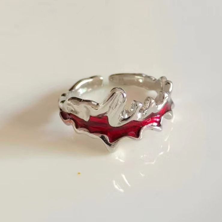 Rare Design Flame-red Irregularly Pleated French-style Open Ring For Women