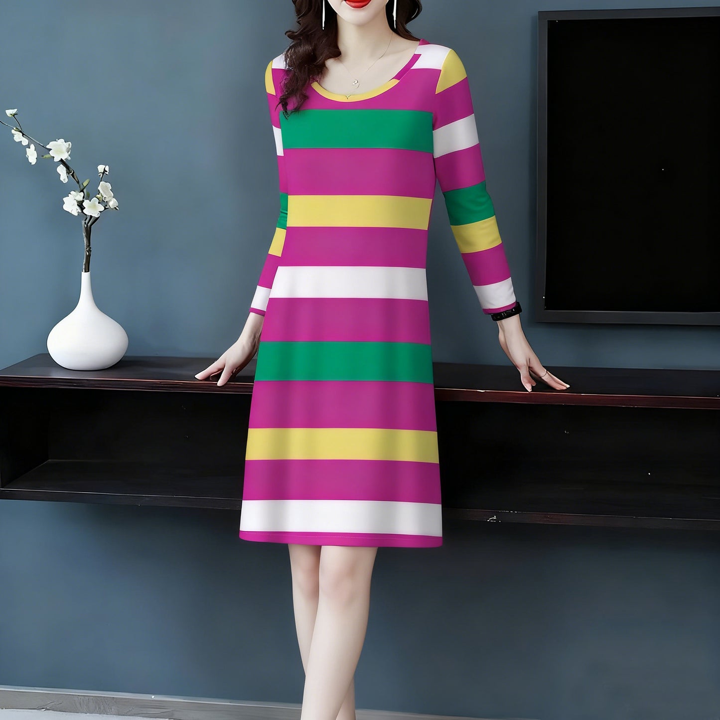 Womens Crew-Neck Slim-Fit Striped Long-Sleeve Dress