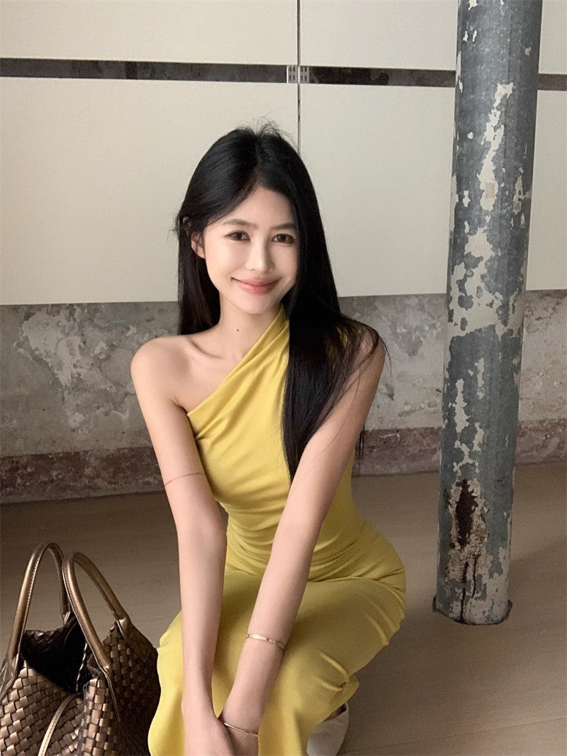 Turmeric Yellow Off-Shoulder Sleeveless Tank Dress For Women
