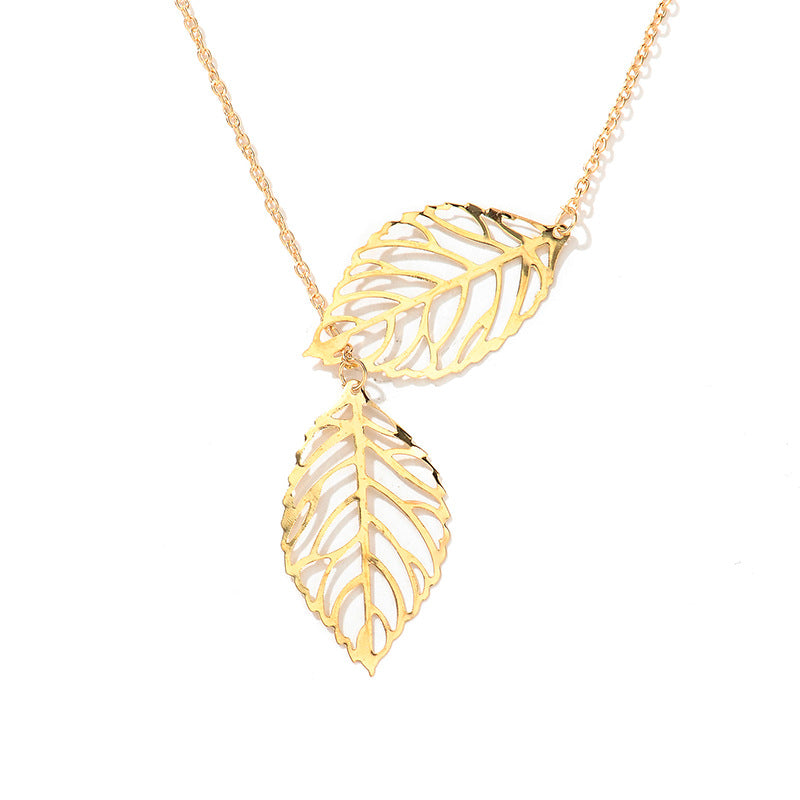Retro Mori Style Metal Colorful Hollow Leaf Shaped Necklace