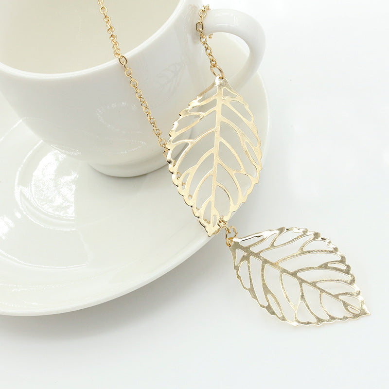 Retro Mori Style Metal Colorful Hollow Leaf Shaped Necklace