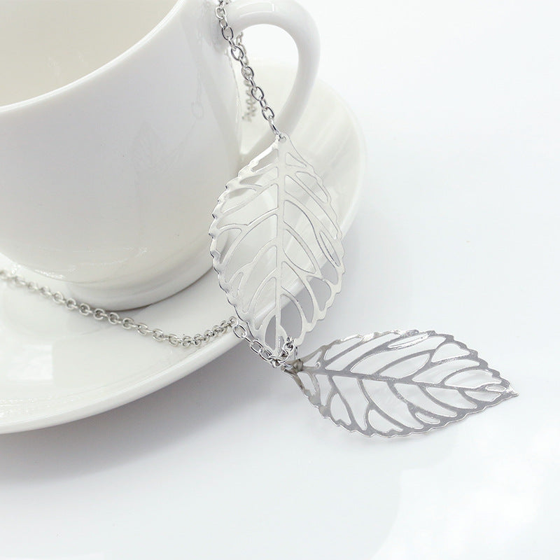 Retro Mori Style Metal Colorful Hollow Leaf Shaped Necklace