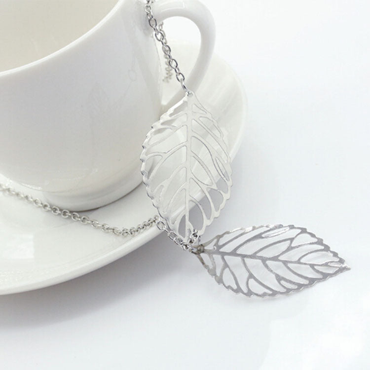 Retro Mori Style Metal Colorful Hollow Leaf Shaped Necklace